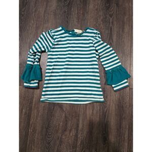 Matilda Jane Girls Teal White Striped Long Sleeve Ruffle Bell Sleeve Top Kids
